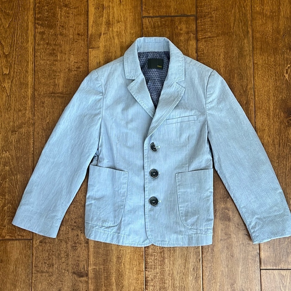 Fendi Boys Button Down Jacket Plaid White And Blue Size 4